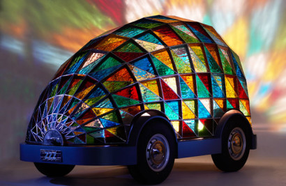 Stained glass driverless sleeper car by Dominic Wilcox